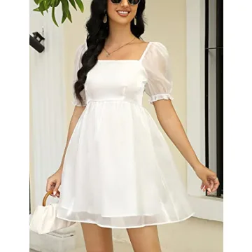 KOJOOIN Puff Short Sleeve Square Neck Babydoll Dress
