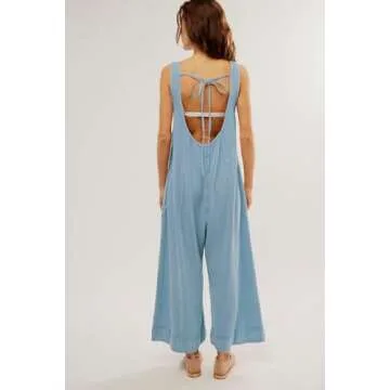 Ladyful Women's Summer Wide Leg Waffle Knit Jumpsuit, Casual Sleeveless Romper