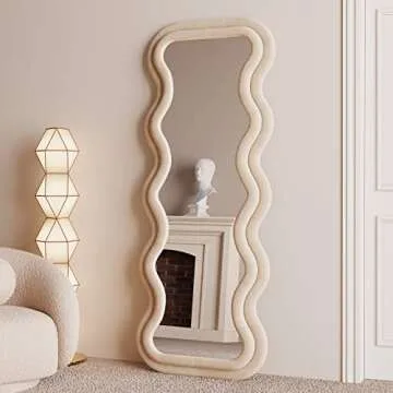 BOJOY Full Length Irregular Wavy Mirror 63"x24", Arched Floor Mirror Standing Hanging or Leaning Against Wall for Bedroom, Flannel Wrapped Wooden Frame -Milk Tea Color