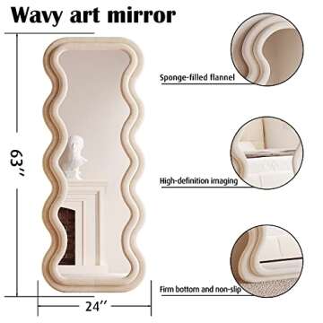 BOJOY Full Length Irregular Wavy Mirror 63"x24", Arched Floor Mirror Standing Hanging or Leaning Against Wall for Bedroom, Flannel Wrapped Wooden Frame -Milk Tea Color