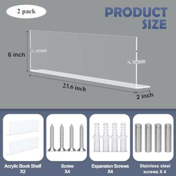 DuvinDD 2 Pack Acrylic Magazine Holder Rack Brochure Holder Wall Mount 24 inch Clear Hanging Magazine Rack Floating Bookshelf for Literature Pamphlet Organizer for Room Office, with Mounting Kit
