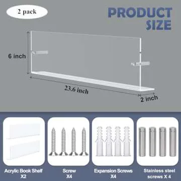 DuvinDD 2 Pack Acrylic Magazine Holder Rack Brochure Holder Wall Mount 24 inch Clear Hanging Magazine Rack Floating Bookshelf for Literature Pamphlet Organizer for Room Office, with Mounting Kit
