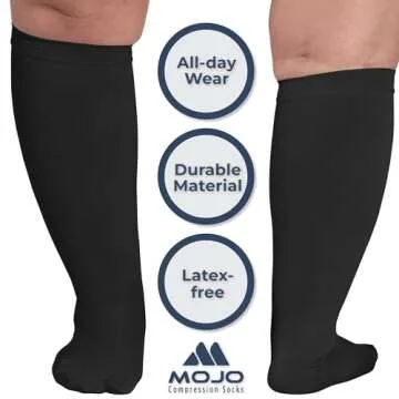 Mojo Compression Socks for Women and Men 20-30mmHg Plus Size - Extra Wide Calf Men and Womens Compression Stockings for Travel, Airplane, Flight - Black, 6X-Large - AB201