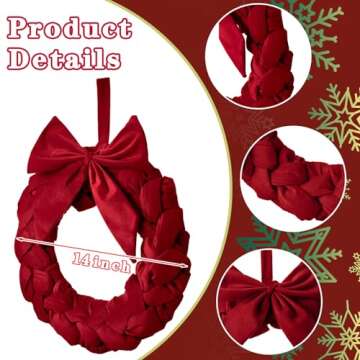 Barydat Christmas Velvet Wreath 14" Wreaths for Front Door Velvet Christmas Wreath Ornament with Bow...