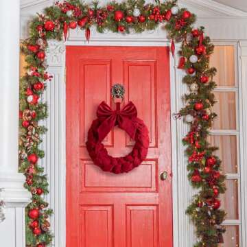 Barydat Christmas Velvet Wreath 14" Wreaths for Front Door Velvet Christmas Wreath Ornament with Bow for Party Table Fireplaces Porch Walls New Years Home Decor