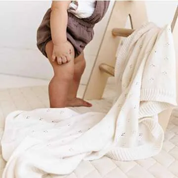 Makemake Organics Organic Baby Blanket GOTS Certified Organic Cotton Baby Blanket Newborn Pointelle Knit Blanket Breathable Unisex Boy Girl Neutral Earthy Blanket (30x40, Ivory)