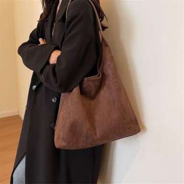 Slouchy Suede Bags for Women Retro Tote Bag Suede Slouchy Bag Hobo Handbag Office Daily Casual Bags Tote Handbag-With Pu Leather Clutch Purse-Dark brown