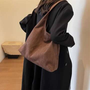 Slouchy Suede Bags for Women Retro Tote Bag Suede Slouchy Bag Hobo Handbag Office Daily Casual Bags Tote Handbag-With Pu Leather Clutch Purse-Dark brown