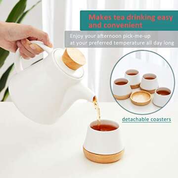 10-Piece Porcelain Ceramic Teapot Set with 4 Cups & 4 Wooden Coasters, Tea Set with Removable Stainless Steel Infuser for Loose Leaf & Blooming Tea, Gift Set, 750ml/25oz Teapot & 150ml/5oz Cups, White