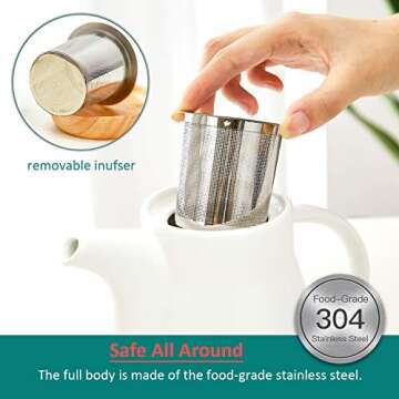 10-Piece Porcelain Ceramic Teapot Set with 4 Cups & 4 Wooden Coasters, Tea Set with Removable Stainless Steel Infuser for Loose Leaf & Blooming Tea, Gift Set, 750ml/25oz Teapot & 150ml/5oz Cups, White