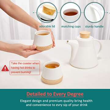 10-Piece Porcelain Ceramic Teapot Set with 4 Cups & 4 Wooden Coasters, Tea Set with Removable Stainless Steel Infuser for Loose Leaf & Blooming Tea, Gift Set, 750ml/25oz Teapot & 150ml/5oz Cups, White
