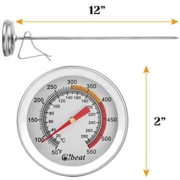 Cibeat Deep Fry Thermometer with 12" Stainless Steel Food Grade Probe and Clip, Fast Instant Read Large 2" Dial, Temperature Range 50 to 550 ºF / 10 to 290°C, Best for Turkey, BBQ, Grill