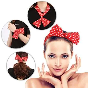 Sea Team Wire Headband Stylish Retro Bowknot Polka Dot Wire Hair Holders for Women and Girls Red