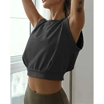 Carpetcom Women's Trendy Casual Loose Crop Top Athletic Gym Sleeveless Shirts Exercise Yoga Running Workout Muscle Tank Tops Black