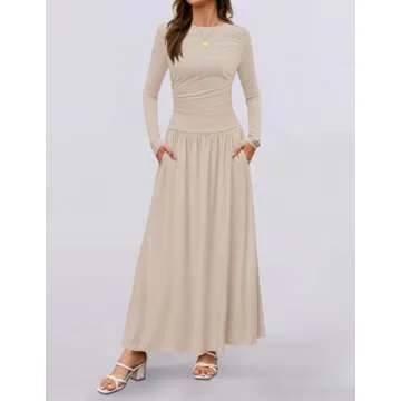 ZESICA Long Sleeve Maxi Dress with Pockets for Women