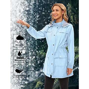 Raincoat for Women Rain Jacket Waterproof Rain Coat Detachable Hood Trench Coats Lined Windbreaker Travel Jacket Light Blue S