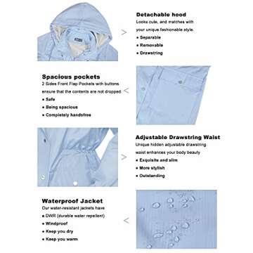 Raincoat for Women Rain Jacket Waterproof Rain Coat Detachable Hood Trench Coats Lined Windbreaker Travel Jacket Light Blue S