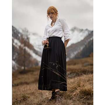 Women's Boho Maxi Skirt Drawstring Flowy Hem Medieval Skirt with Pockets Black S