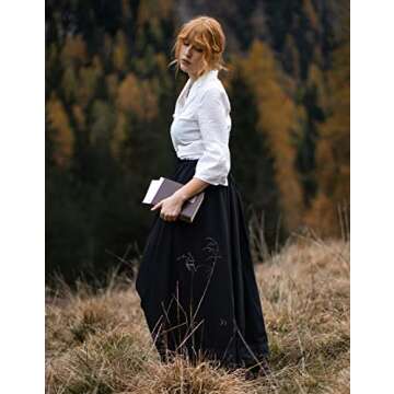 Women's Boho Maxi Skirt Drawstring Flowy Hem Medieval Skirt with Pockets Black S