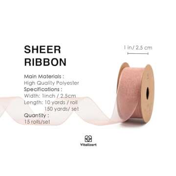 Vitalizart 1" x 150 Yd Organza Ribbon Mixed Color Sheer Ribbons Set 10 Yd x 15 Rolls Handmade for Gi...