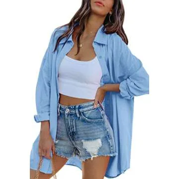 FSHAOES Womens Oversized Button Down Shirts Casual Loose Long Sleeve Solid Lapel Long Blouses Tops w...