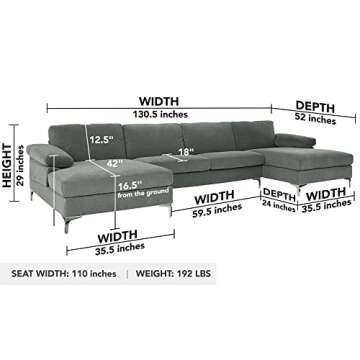 Casa AndreaMilano Modern Large Velvet Fabric U-Shape Sectional Sofa, Double Extra Wide Chaise Lounge...