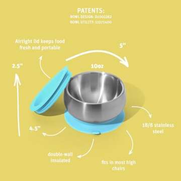 Avanchy Baby Bowls with Suction and Storage Lids Set. Babies Kids Toddler Boys Girl First Food Feedi...