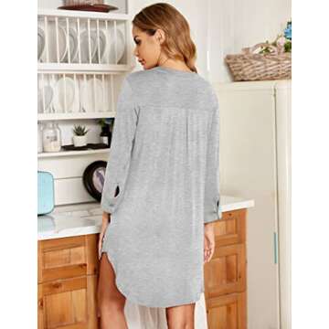 Ekouaer Women Nightgown 3/4 Sleeve Sleep Dress Boyfriend Soft Nightshirt Button Down Pajama Shirts Light Grey