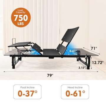 Donext Adjustable Bed Base, King Bed Frame, Independent Head and Foot Incline, Quiet Motor, Wireless Remote Control, Electric Bed Base, Black