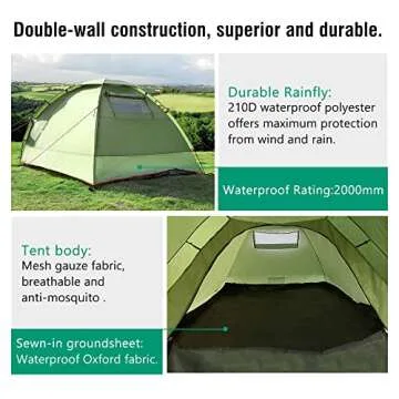 MoKo Waterproof Family Camping Tent, Portable 3 Person Outdoor Instant Cabin Tent, 4-Season Double Layer Dome Tent Sun Shelter for Hiking, Backpacking, Trekking, Mountaineering, Beach - Light Green