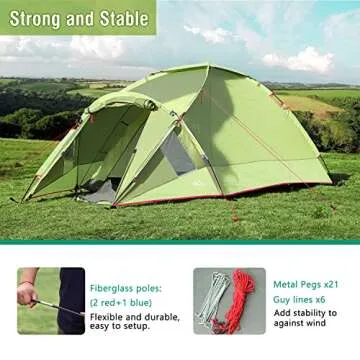 MoKo Waterproof Family Camping Tent, Portable 3 Person Outdoor Instant Cabin Tent, 4-Season Double Layer Dome Tent Sun Shelter for Hiking, Backpacking, Trekking, Mountaineering, Beach - Light Green