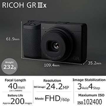 Ricoh GR IIIx, Black, Digital Compact Camera with 24MP APS-C Size CMOS Sensor, 40mmF2.8 GR Lens (in The 35mm Format)