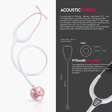 MDF Instruments, Acoustica Lightweight Stethoscope for Doctors, Nurses, Students, Home Health Use, Adult, Dual Head, White Tube, Rosegold (Matte Finish) Chestpiece-Headset, MDF747XPRG29