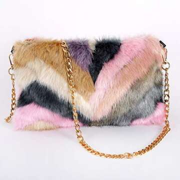 FHQHTH Faux Mink Fur Purse Fuzzy Handbags for Women Evening Handbags Al alloy Shoulder Strap [Mink Pink]
