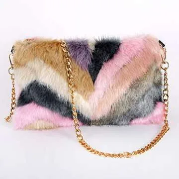 FHQHTH Faux Mink Fur Purse Fuzzy Handbags for Women Evening Handbags Al alloy Shoulder Strap [Mink Pink]