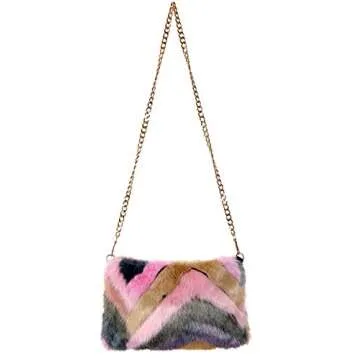 FHQHTH Faux Mink Fur Purse Fuzzy Handbags for Women Evening Handbags Al alloy Shoulder Strap [Mink Pink]