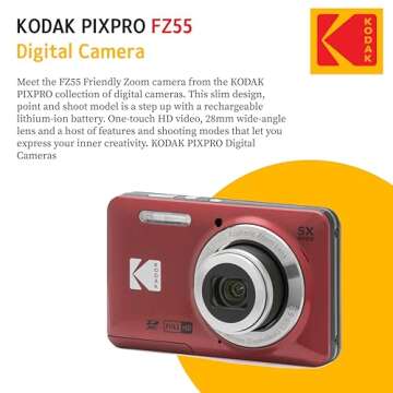 KODAK PIXPRO FZ55 16MP Digital Point & Shoot Camera, 5X Optical Zoom, 28mm Wide Angle, 1080P Full HD Video, Bundle with 32GB SD Card, Protective Case, and Hi-Speed Card Reader (Red)