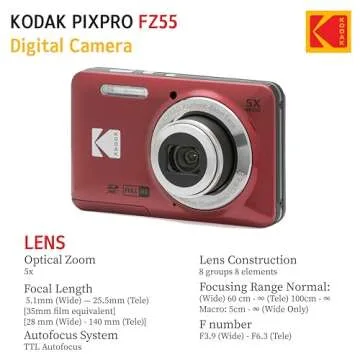 KODAK PIXPRO FZ55 16MP Digital Point & Shoot Camera, 5X Optical Zoom, 28mm Wide Angle, 1080P Full HD Video, Bundle with 32GB SD Card, Protective Case, and Hi-Speed Card Reader (Red)