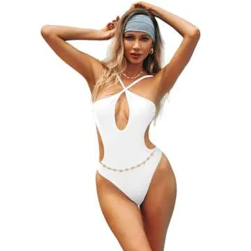 HYPERFIRE Women's Sexy Criss Cross Halter Bathing Suit Cut Out Backless Monokini Swimsuits One Piece White Large