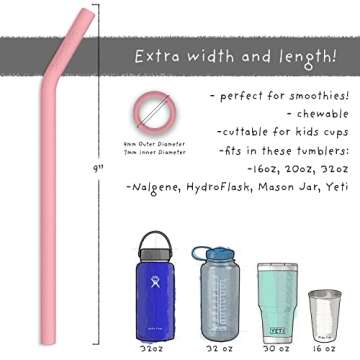 Reusable Silicone Drinking Straws - Big Size with Curved Bend for Tumblers Made from BPA Free No-Rubber Silicon - Flexible, Collapsible, Chewy, Bendy, Safe for Kids/Toddlers