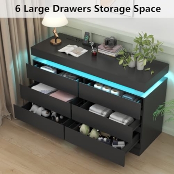 Gyfimoie 6 Drawer Dresser with Led Light and Outlet