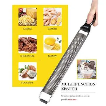 Ourokhome Kitchen Lemon Zester, Stainless Steel Hand Held Parmesan Cheese Grater for Ginger, Chocolate, Coconut, Lime, Nutmeg, Citrus, Fruit, Vegetable with Cleaning Brush, Dishwasher safe, Black