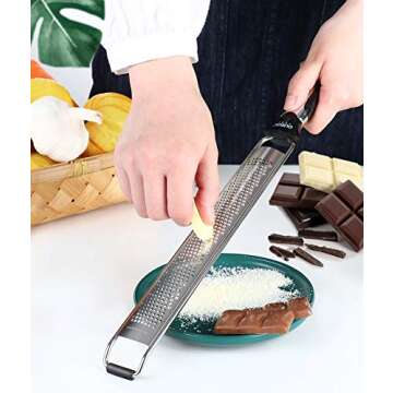 Ourokhome Kitchen Lemon Zester, Stainless Steel Hand Held Parmesan Cheese Grater for Ginger, Chocolate, Coconut, Lime, Nutmeg, Citrus, Fruit, Vegetable with Cleaning Brush, Dishwasher safe, Black