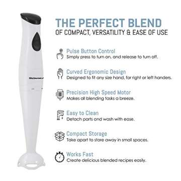 Elite Gourmet EHB-2425X Electric Immersion Hand Blender Stick, Mixer, Chopper, 1-Touch Control Multi Purpose, 150 Watts, For Soups, Sauces, Baby Food, White