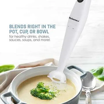 Elite Gourmet EHB-2425X Electric Immersion Hand Blender Stick, Mixer, Chopper, 1-Touch Control Multi Purpose, 150 Watts, For Soups, Sauces, Baby Food, White