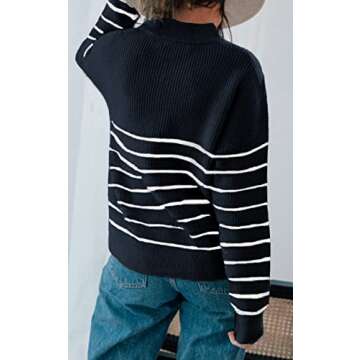 Amkoyam Women's Fall Sweaters 2024 Casual Long Sleeve Striped Knitted Loose Pullover Jumper Tops with Half Zip Up (Style2-Navy,Small)