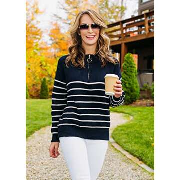 Amkoyam Women's Fall Sweaters 2024 Casual Long Sleeve Striped Knitted Loose Pullover Jumper Tops with Half Zip Up (Style2-Navy,Small)