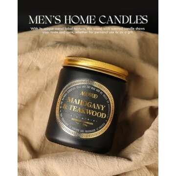 AOOVOO Scented Candles for Men - Mahogany & Teakwood Candles for Home Scented | Crackling Wood Wick Soy Candles | Strong Fragranced Masculine Black Candle Gift for Women & Men, 9oz