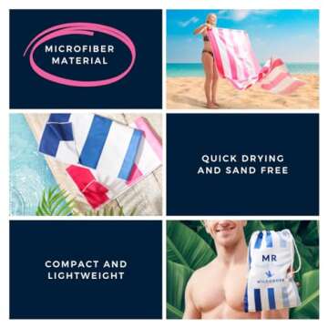 Mr and Mrs Beach Towels Set of 2 – Microfiber His and Hers Beach Towels. Just Married Beach Towels for Honeymoon Gift. Groom and Bride Beach Towel in Blue and Pink.