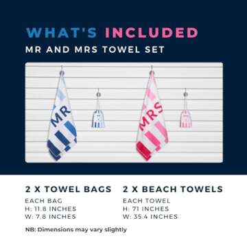 Mr and Mrs Beach Towels Set of 2 – Microfiber His and Hers Beach Towels. Just Married Beach Towels for Honeymoon Gift. Groom and Bride Beach Towel in Blue and Pink.